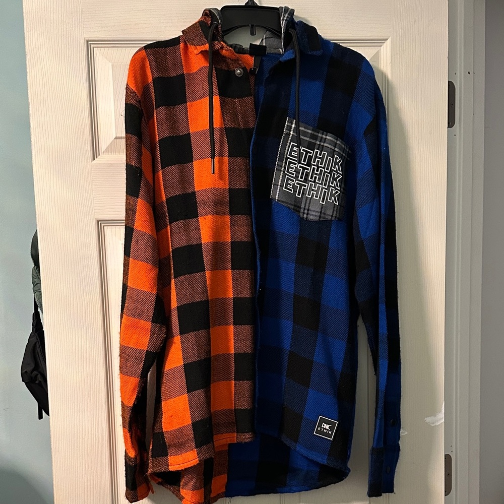 Ethik Men's Orange and Blue Plaid Shirt